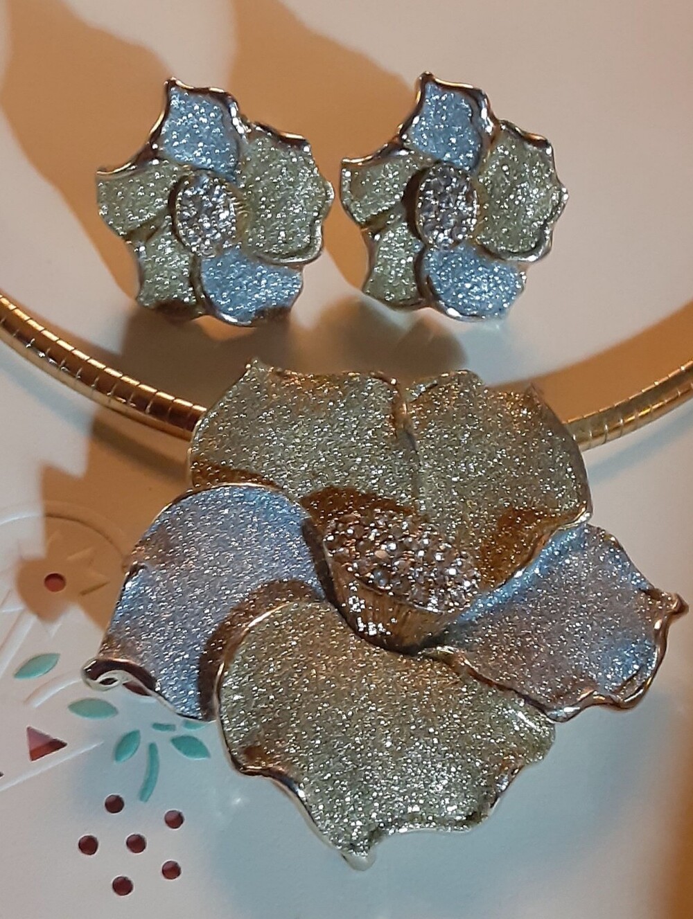 Vintage c1980 Tri Color Druzy & Crystal Brooch Necklace & Earring Demi Parure